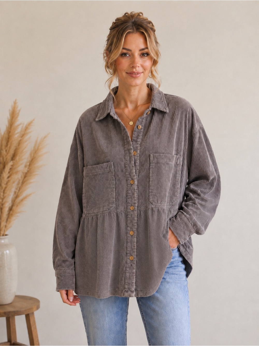 EESOME Oversized Corduroy Peplum Shacket Small NWOT Gray Cotton Jacket